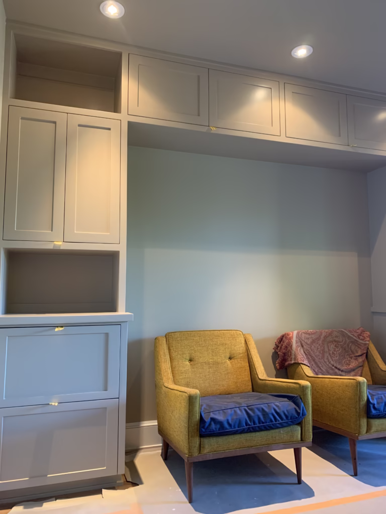 Built-in cabinets painted white and gray