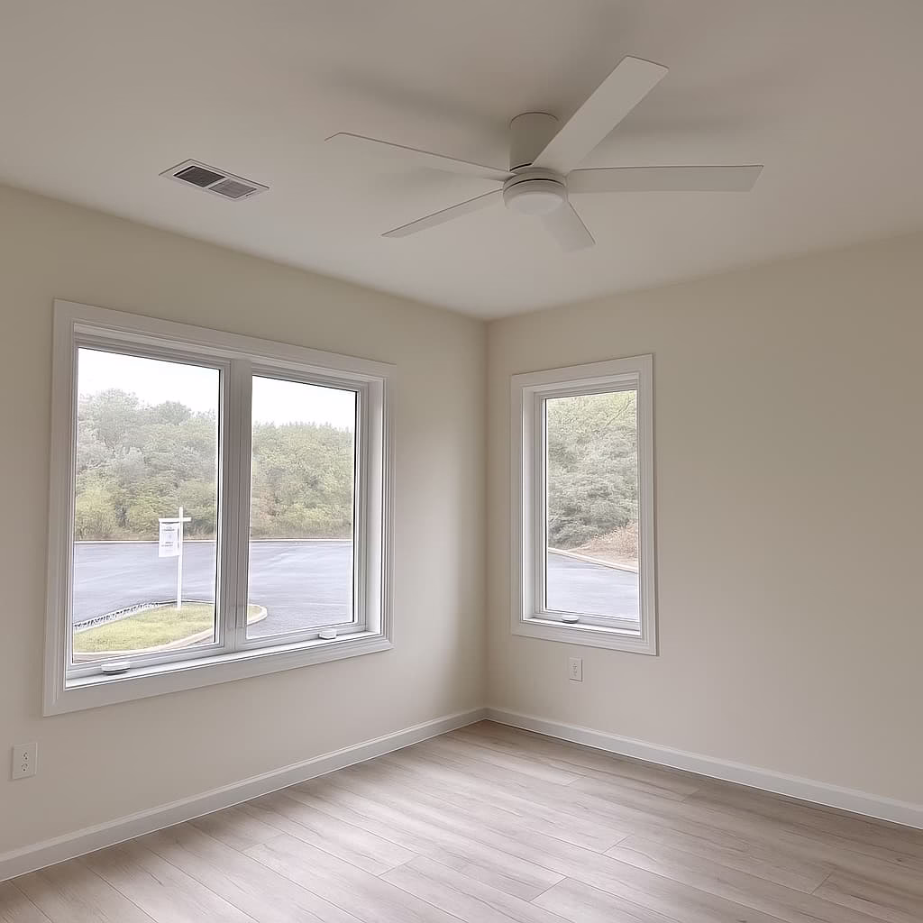 Freshly painted bedroom with white walls and trim